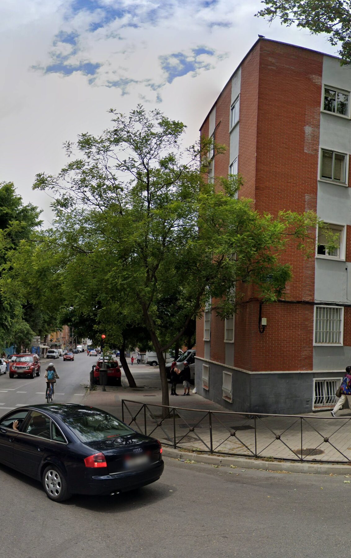 Semáforo oculto por ramas de árbol en calle de Madrid